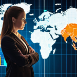 **A digital world map overlaid with glowing nodes representing business connections across continents. Lines of light connect these nodes, symbolizing the flow of data, trade, and communication. A businessman/businesswoman stands in the foreground, looking confidently at the map, empowered by global acumen. Elements of financial charts and trade regulations subtly integrated into the map's design. Style: Modern, abstract, digital art, using vibrant colors to depict connectivity and strategic advantage.**