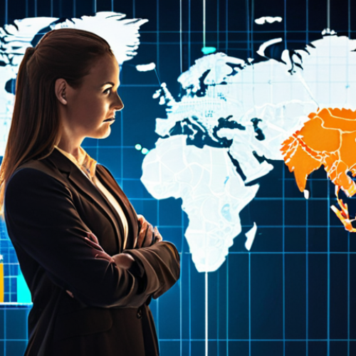 Home 9 **A digital world map overlaid with glowing nodes representing business connections across continents. Lines of light connect these nodes, symbolizing the flow of data, trade, and communication. A businessman/businesswoman stands in the foreground, looking confidently at the map, empowered by global acumen. Elements of financial charts and trade regulations subtly integrated into the map's design. Style: Modern, abstract, digital art, using vibrant colors to depict connectivity and strategic advantage.**