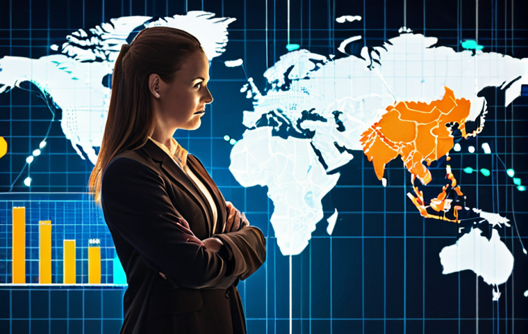 **A digital world map overlaid with glowing nodes representing business connections across continents. Lines of light connect these nodes, symbolizing the flow of data, trade, and communication. A businessman/businesswoman stands in the foreground, looking confidently at the map, empowered by global acumen. Elements of financial charts and trade regulations subtly integrated into the map's design. Style: Modern, abstract, digital art, using vibrant colors to depict connectivity and strategic advantage.**