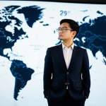 A highly competent global business professional, perfectly composed, stands in a sophisticated, minimalist global operations center. They are gazing intently at a large, interactive digital display showing dynamic real-time data visualizations of interconnected global markets and trade routes, symbolizing strategic foresight. Dressed in a modest, dark professional business suit, fully clothed, with correct proportions and a natural pose, they exude adaptability. The background features blurred world maps and subtle digital interfaces, suggesting complex global dynamics. This image showcases perfect anatomy, well-formed hands, and natural body proportions. High-resolution professional photography, soft strategic lighting, safe for work, appropriate content, professional.