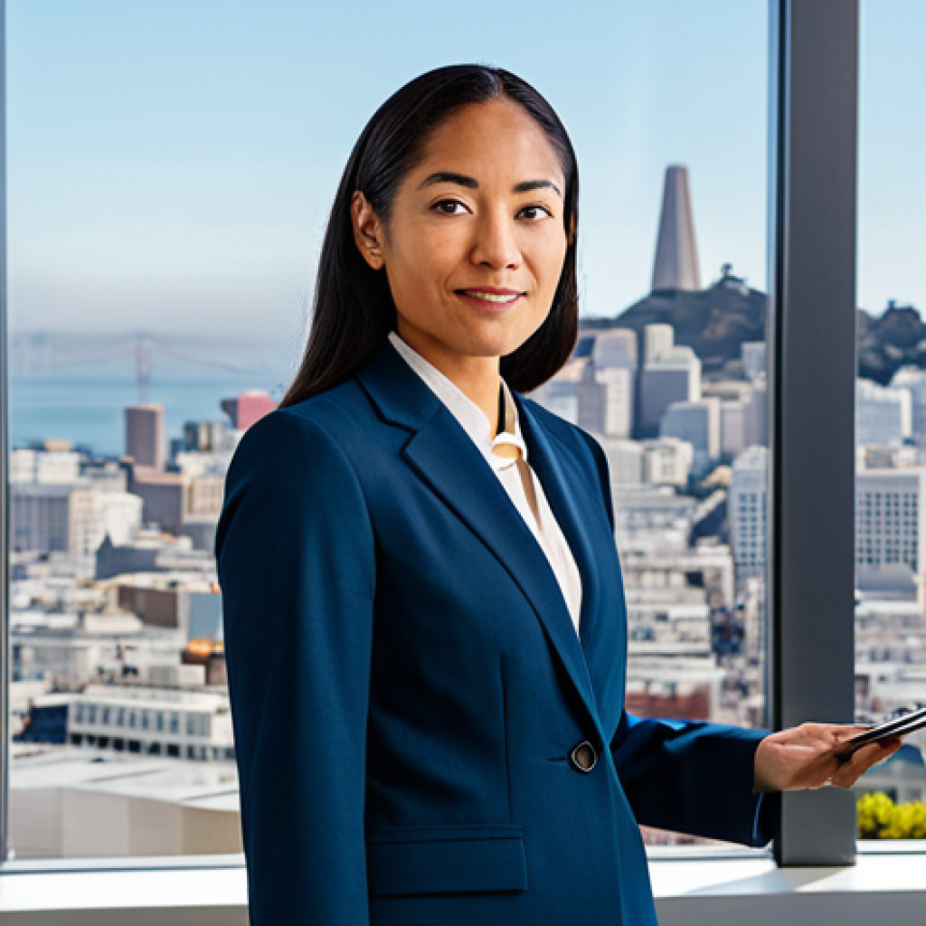 A professional businesswoman in a modest business suit, confidently negotiating a salary in a modern San Francisco office. The background shows a cityscape with iconic landmarks. She is fully clothed, wearing appropriate attire. Safe for work, perfect anatomy, natural proportions, professional, high quality.