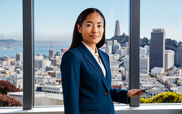 A professional businesswoman in a modest business suit, confidently negotiating a salary in a modern San Francisco office. The background shows a cityscape with iconic landmarks. She is fully clothed, wearing appropriate attire. Safe for work, perfect anatomy, natural proportions, professional, high quality.