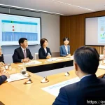 Home 19 글로벌 비즈니스 분야 중점 과목 - A professional international business meeting scene showing a diverse group of executives from Japan...