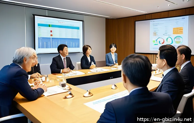 글로벌 비즈니스 분야 중점 과목 - A professional international business meeting scene showing a diverse group of executives from Japan...
