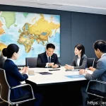 Home 18 글로벌 비즈니스 분야에서 필요한 자격증 - A diverse group of international business professionals in a modern conference room, engaging in a c...