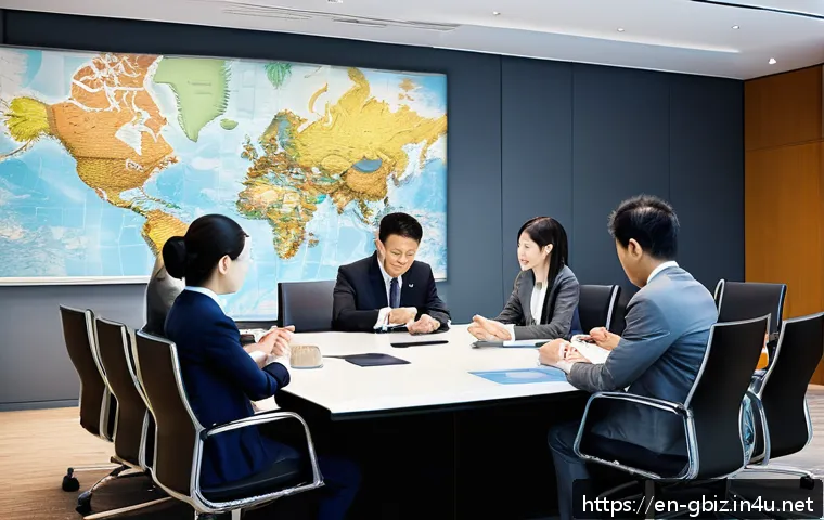 글로벌 비즈니스 분야에서 필요한 자격증 - A diverse group of international business professionals in a modern conference room, engaging in a c...